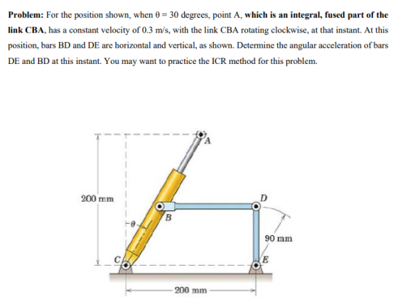 Problem: For the position shown, when 0- 30 degrees, point A, which is an integral, fused part of the link CBA, has a constant velocity of 0.3 m/s, with the link CBA rotating clockwise, at that instant. At this position, bars BD and DE are horizontal and vertical, as shown. Determine the angular acceleration of bars DE and BD at this instant. You may want to practice the ICR method for this problem. 200 mm 90 mm 200 mm