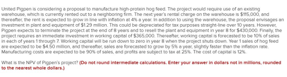 United Pigpen is considering a proposal to manufacture high-protein hog feed. The project would require use of an existing wa
