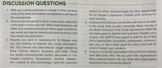 DISCUSSION QUESTIONS 1. With your current university or college in mind, develop a list of the direct and indirect competitors it will face in the next decade. Assume you are going to open a new pizza restaurant in the town in which you live. What external factors will affect your business decisions? What types of technol- ogy would you use to market your pizza business, and how would you use them? based on which would provide the best opportunity for Dr Peppers expansion. Explain your ranking for each country Choose a firm that you are familiar with that is located 2. 4. in the same state as your university. Next, decide if the North American Free Trade Agreement (NAFTA) has been good or bad for that business. Explain your answer. Has NAFTA been good or bad for all of that firms stakeholders (investors, employees, communi- ties, etc.), or has it been good for some and bad for others? Explain your answers. Choose a nonprofit organization that you think markets itself effectively. Why did you pick that organization? What external factors do you think the organization should be most concerned about? 3. Assume you work in marketing for Dr Pepper, and you are looking to expand the brand internation- ally. You narrow the international target market to three choices: Mexico, Australia, and India. Using the global environmental factors discussed in this chapter-currency fluctuations, income distribu- tion, cultural fit, and technology-rank the countries 5.