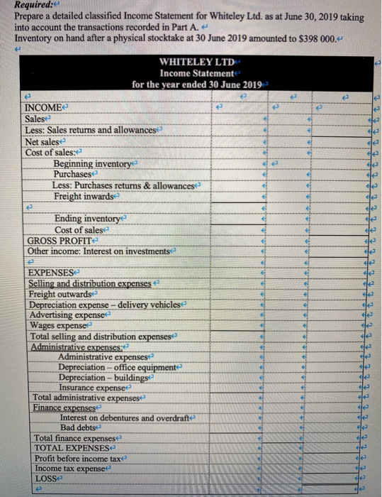 Required: Prepare a detailed classified Income Statement for Whiteley Ltd. as at June 30, 2019 taking into account the transa