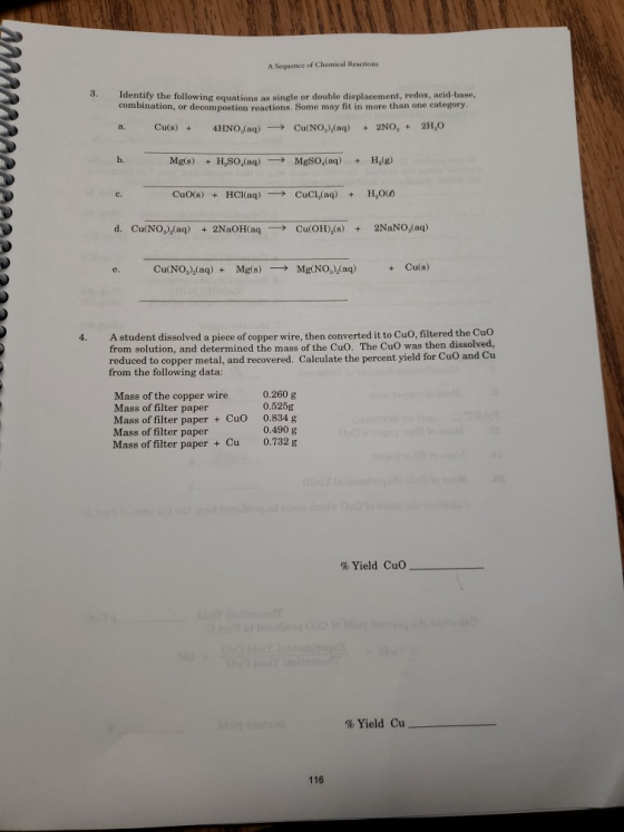A Sequence of Chemical Reacrions 3. ldentify the following equations as single or double displacement, redox, acid-base, comb