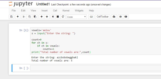 Jupyter Untitled1 Last Checkpoint: a few seconds ago (unsaved changes) File Edit Viewnr Cell Kenel Widgets Help In [1] vowels