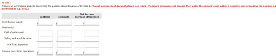 (b1) Prepare an incremental analysis concerning the possible discontinuance of Division I. (Round answers to o decimal places