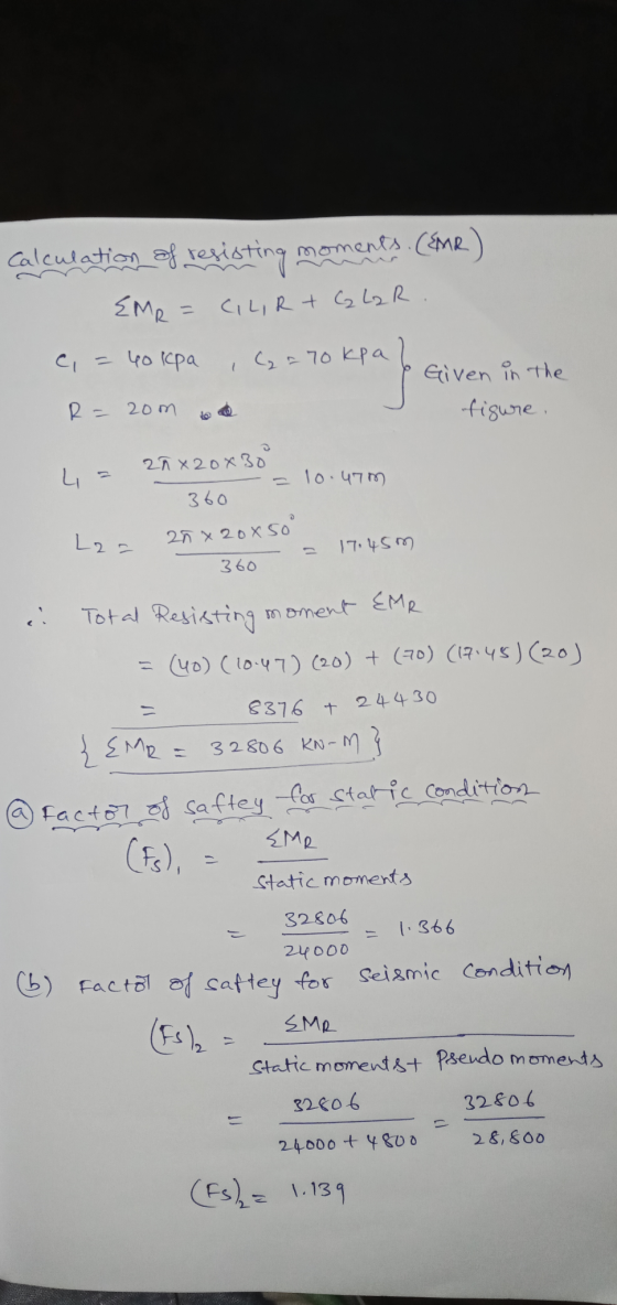 Calculation of resisting moments. (EMR) EMR = CILIR + C₂ La R. c = 40 kpa + 70kpa Given in the figure, R = 20m 2Ãx20x30 4 = 1