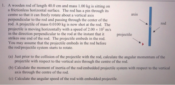 1. A wooden rod of length 40.0 cm and mass 1.00 kg is sitting on a frictionless horizontal surface. The rod has a pin through