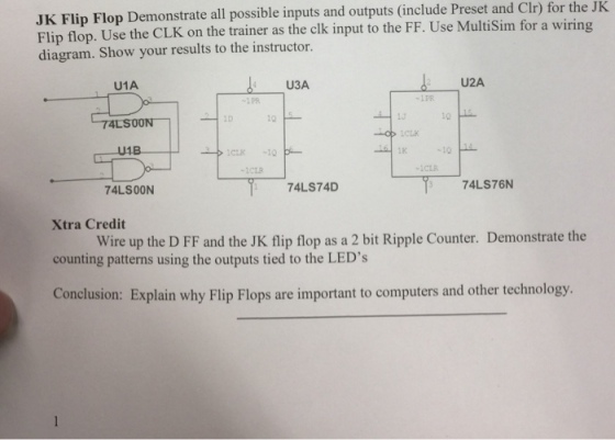 JK Flip Flop Demonstrate all possible inputs and outputs (include Preset and Clr) for the JK flop. Use the CLK on the trainer as the clk input to the FF. Use MultiSim for a wiring diagram. Show your results to the instructor. U1A U3A U2A PR -LPR LD 10 13 IK CLR 74LS74D 74LS76N 74LSOON Xtra Credit counting patterns using the outputs tied to the LEDs Conclusion: Explain why Flip Flops are important to computers and other technology. Wire up the D FF and the JK flip flop as a 2 bit Ripple Counter. Demonstrate the