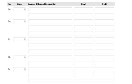 No. Date Account Titles and Explanation Debit Credit