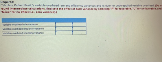 Required: Calculate Parker Plastics variable overhead rate and efficiency variances and its over- or underapplied variable o