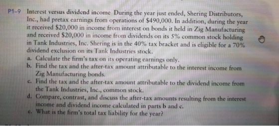 P1-9 Interest versus dividend income During the year just ended, Shering Distributors, Inc, had pretax earnings from operations of $490,000. In addition, during the year it received $20,000 in income from interest on bonds it held in Zig Manufacturing and received $20,000 in income from dividends on its 5% common stock holding dividend exclusion on its Tank Industries stock. a. Calculate the firms tax on its operating earnings only. b. Find the tax and the after-tax amount attributable to the interest income from c. Find the tax and the after-tax amount attributable to the dividend income from d. Compare, contrast, and discuss the after-tax amounts resulting from the interest e. What is the firms total tax liability for the year? Zig Manufacturing bonds. the Tank Industries, Inc., common stock income and dividend income calculated in parts b and c.