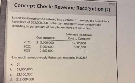LO5-9 Concept Check: Revenue Recognition (2) Robertson Construction entered into a contract to construct a tunnel for a fixed
