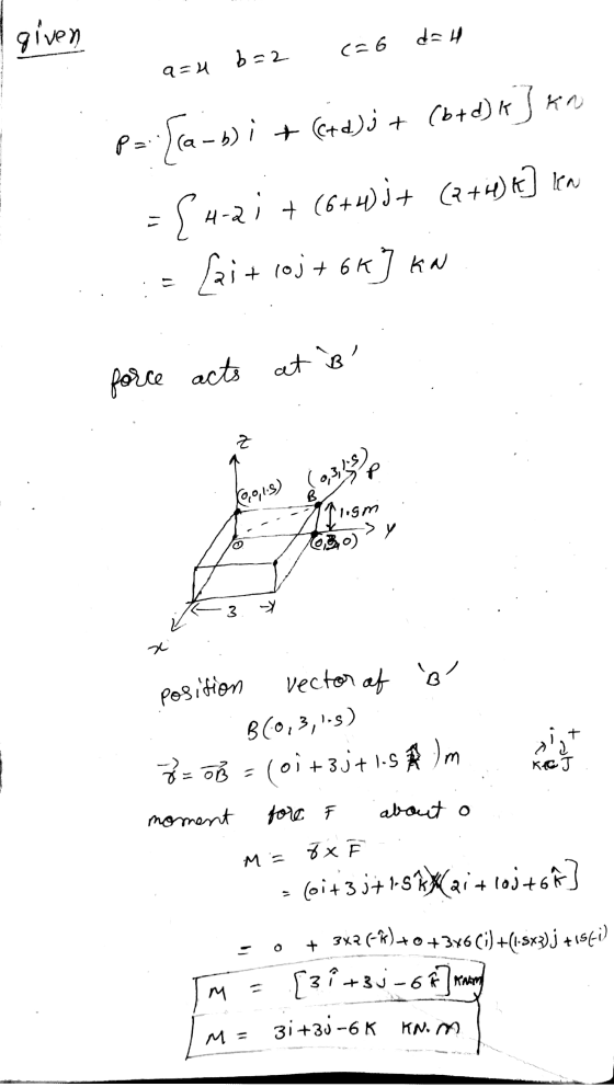given d=4 (=6 b=2 q=4 P=[ca-bi + (+d)j + (b+d) *} * { 4-21 + (6+4) 3+ (2+4)*] kn + fait loj+6K] KN force acts at B Z P 93,1