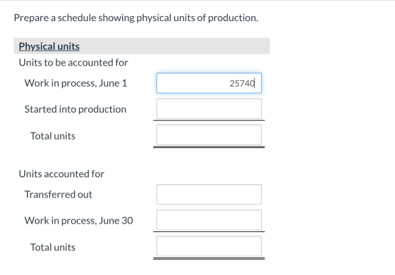 Prepare a schedule showing physical units of production. Physical units Units to be accounted for Work in process, June 1 257