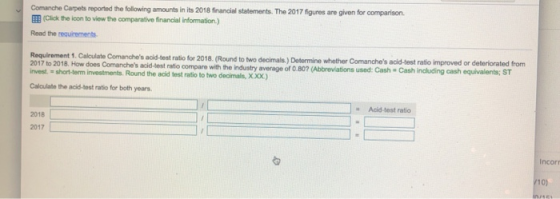 Comanche Carpets reported the following amounts in its 2018 financial statements. The 2017 figures are given for comparison (
