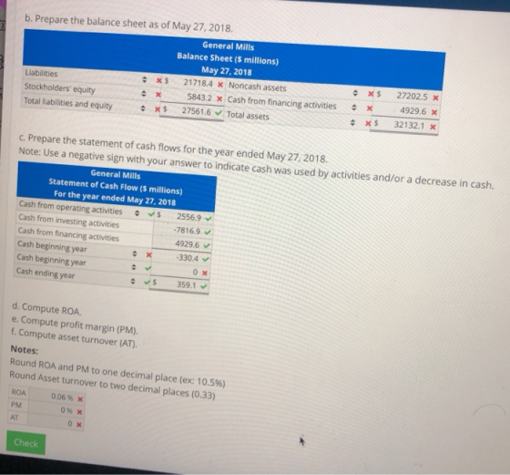 b. Prepare the balance sheet as of May 27, 2018. General Mills Balance Sheet ($ millions) May 27, 2018 Liabilities • X$ 21718
