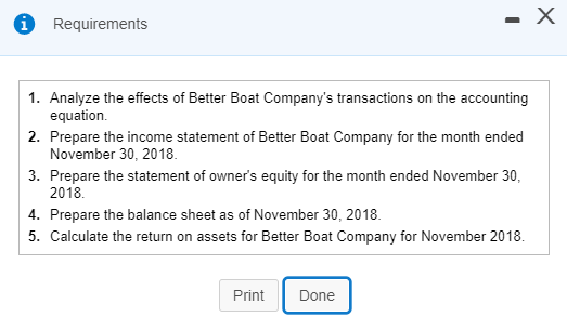 i Requirements X 1. Analyze the effects of Better Boat Companys transactions on the accounting equation 2. Prepare the incom