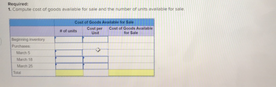Required: 1. Compute cost of goods available for sale and the number of units available for sale. Cost of Goods Available for
