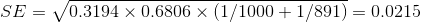 SE= 0.3194 x 0.6806 x (1/1000 + 1/891) = 0.0215