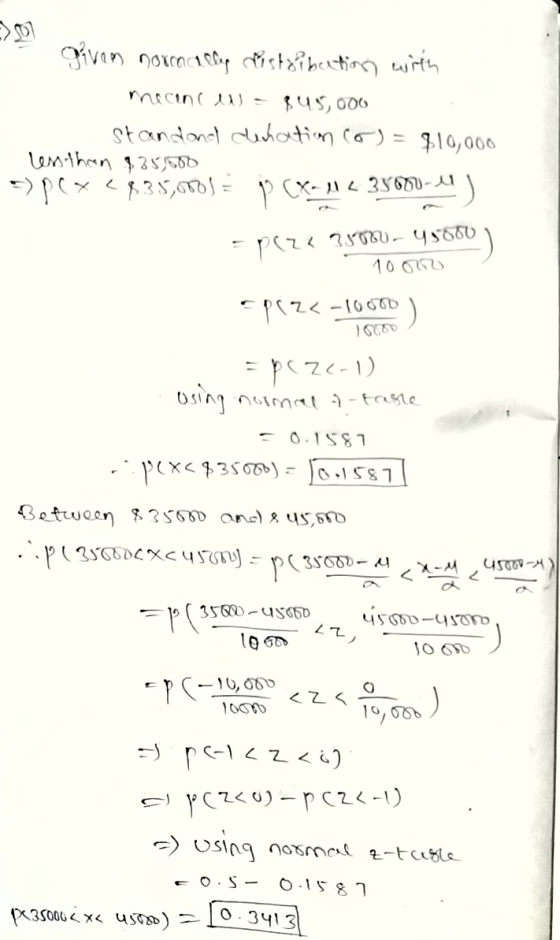 meinwa given normally distribution with $45,000 standand clication (G) = $10,000 less than $35,500 - P(x 4835,000 (X-11 < 336