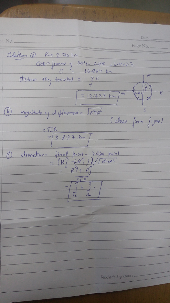 Date Page No Salichons@o km C6-96 km distance they toaveled 3C 12-323 km 3 813 Ko dinachn in hoint- ntal oint Teachers Signalure