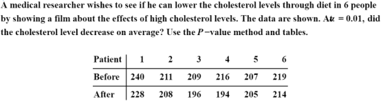 A medical researcher wishes to see if he can lower the cholesterol levels through diet in 6 people by showing a film about th