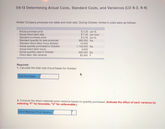 E9-13 Determining Actual Costs, Standard Costs, and Variances [LO 9-3, 9-4] Amber Company produces iron table and chair sets.