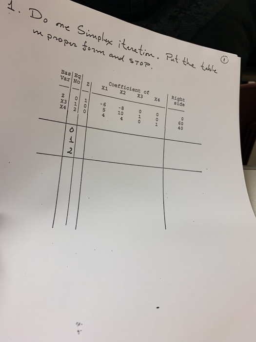 A. Do 。me Simplex ituutin, Rt the table Bas Eql Coefficient ofRight Var No 2x1 X2 x34 side X3 1 0 5 10 9 な.