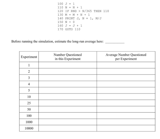 100 J1 110 N = N + 1 120 IF RND > N/365 THEN 110 130 MM+N+1 140 PRINT J, N +1, M/3 150 N- 0 160 JJ 1 170 GOTO 110 Before running the simulation, estimate the long-run average here: Number Questioned in this Experiment Average Number Questioned per Experiment Experiment 4 10 25 50 100 1000 10000