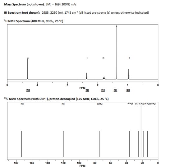 Mass Spectrum (not shown): [M] = 169 (100%) m/z IR Spectrum (not shown): 2985, 2250 (m), 1745 cm+ (all listed are strong (s)