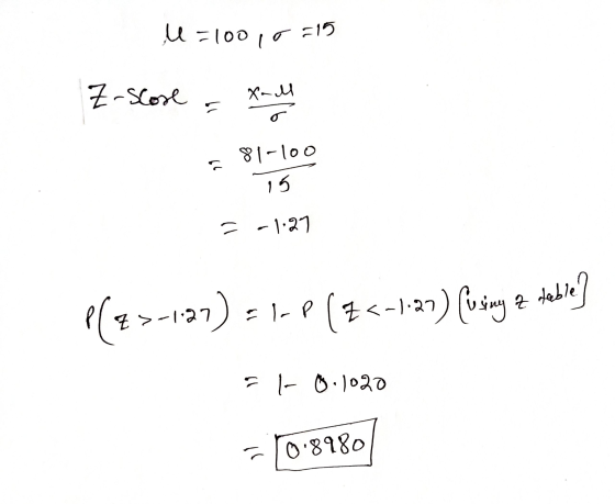M =100 l =15 Z-Score X-all م 81-100 15 = -1.27 P P(23-127) El.P (7<-1-27) (u sing Hebre] = 1-0.1020 F108980