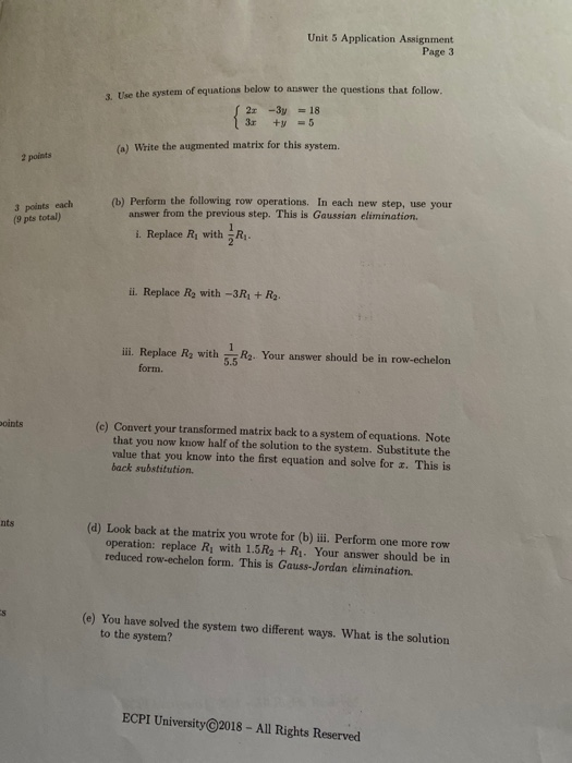 Unit 5 Application Assignment Page 3 3. Use the system of equations below to answer the questions that follow. S 2 -3y = 18 3