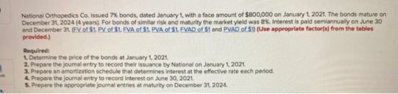 National Orthopedics Co. Issued 7% bonds, dated January 1, with a face amount of $800,000 on January 1, 2021. The bonds matur