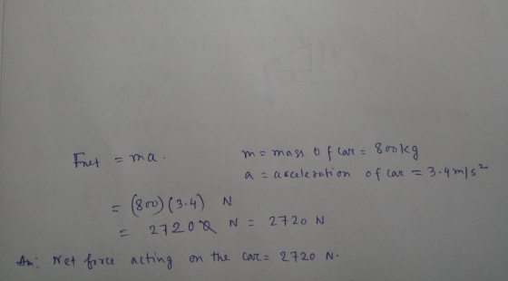 Fuet =ma. mamass of care = 800kg a = acceleration of car = 3.4m/s² (800) (3.4) N 27202 N = 2720 N Am Net force acting on the