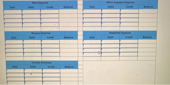 Rent Expense Debit Credit Office Supplies Expense Debit Credit Date Balance Date Balance Repairs Expense Debit Credit Telepho