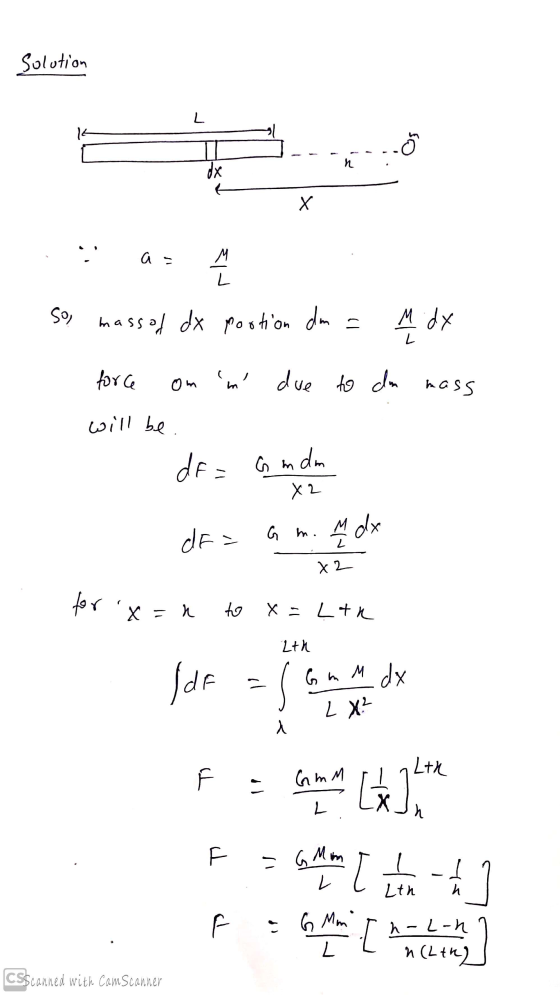 Solution so, mass of dx postion dm = M. dx force om n due to da mass will be. dF = G mdm dF = am. Adx 1. x2 x2 for x=1 to