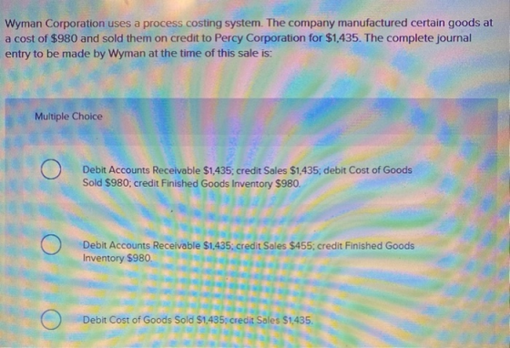 Wyman Corporation uses a process costing system. The company manufactured certain goods at a cost of $980 and sold them on cr