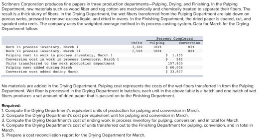 Scribners Corporation produces fine papers in three production departments-Pulping, Drying, and Finishing. In the Pulping Dep