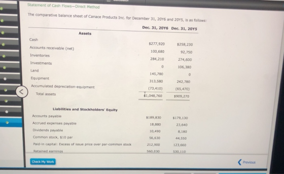 Statement of Cash Flows-Direct Method The comparative balance sheet of Canace Products Inc. for December 31, 2016 and 2015, i
