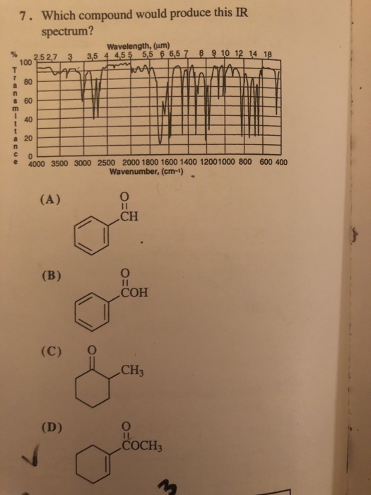 7. Which compound would produce this I spectrum? Wavelength, (um) 4 4,55 5,5 6 6,5 52,7 3,5 10 12 14 1 100 80 s 60 40 a 20 4000 3500 3000 2500 2000 1800 1600 1400 12001000 800 600 400 Wavenumber, (cm-1) CH 1I ??? (C) O CH3 COCH3