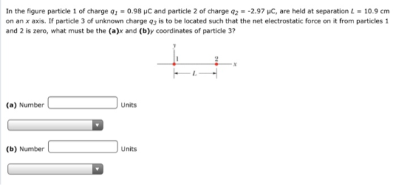 In the figure particle 1 of charge q1-0.98 μC and particle 2 of charge q2--237 μC, are held at separation L-10.9 cm on an x axis. If particle 3 of unknown charge q3 is to be located such that the net electrostatic force on it from particles 1 and 2 is zero, what must be the (a)x and (b)y coordinates of particle 3? (a) Number Units (b) Number Units
