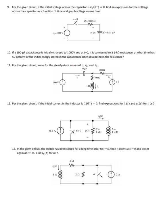 9. For the given circuit, if the initial voltage across the capacitor is vc(0*) = 0, find an expression for the voltrage acro
