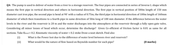 Q4: The pump is used to deliver of water from a river to a storage reservoir. The four pipes are connected in series of Inver