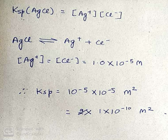 Ksp (Agce) = [agti [ce] Agce. - Agt + ce- [Ag+] = [ck] = 1.0X10-5 m Ksp = 10-5 x 10-5 m2 = 2x ixio-10 m2 Canced amscaner