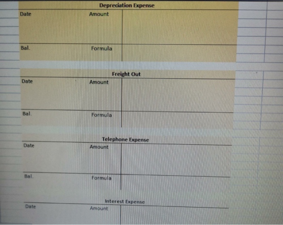 Depreciation Expense Date Amount Bal. Formula Freight Out Date Amount Bal. Formula Telephone Expense Amount Date Bal. Formula