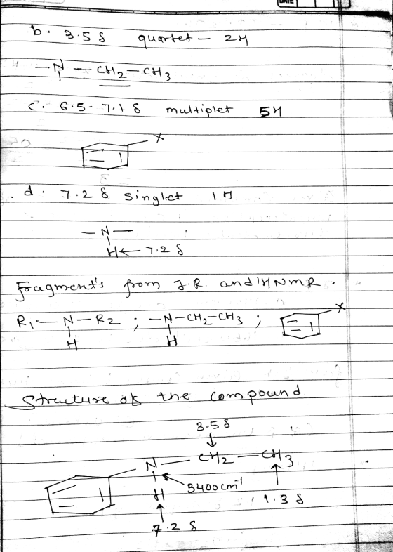 IUNIE 1 b- 3.58 - quartet - 24 -N-CH2-CH3 c. 6.5-7.18 multiplet L 54 . .. 7.2 & singlet -7.28 J.R. and lyNmR.. I Ri - Ņ - R2