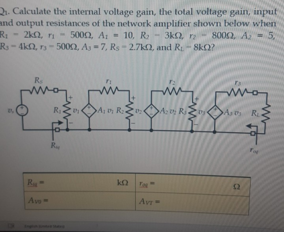 21. Calculate the internal voltage gain, the total voltage gain, input and output resistances of the network amplifier shown
