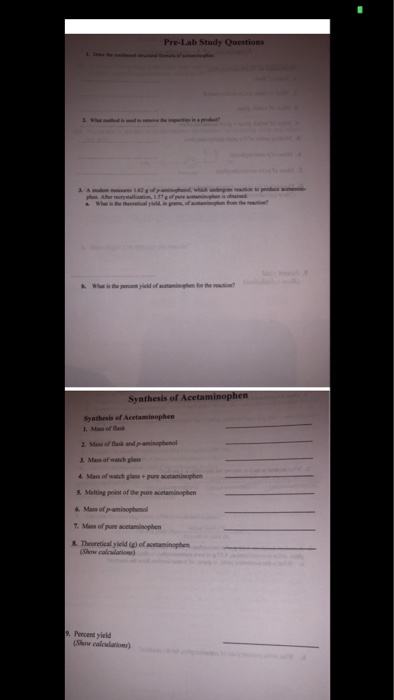 Pre-Lab Study Questions Synthesis of Acetaminophen Synthesis of Acetaminophen 1. Maak Mass of watch ples 4. Mass of watch gla