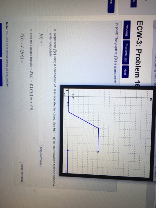 piny 1520 7e ECW-3: Problem 16 Previous Problem List Next (1 point) The graph of f(t) is given below a. Represent f) using a