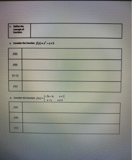 1 Define the concept of functions 2. Consider the function f(x)=x-x+S. (2) f(0) (1) 3. Consider the function f(x) 3r-4 1-1, <