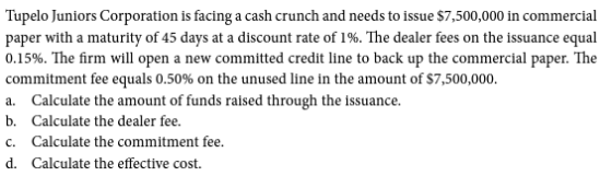 Tupelo Juniors Corporation is facing a cash crunch and needs to issue $7,500,000 in commercial paper with a maturity of 45 da