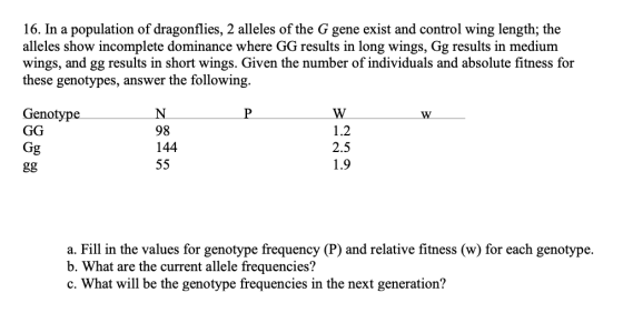 16. In a population of dragonflies, 2 alleles of the G gene exist and control wing length; the alleles show incomplete domina